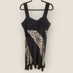 Kathy Robert's Black and Cheetah Print Dress w/ ruffle bottom Sz 18  EUC AS